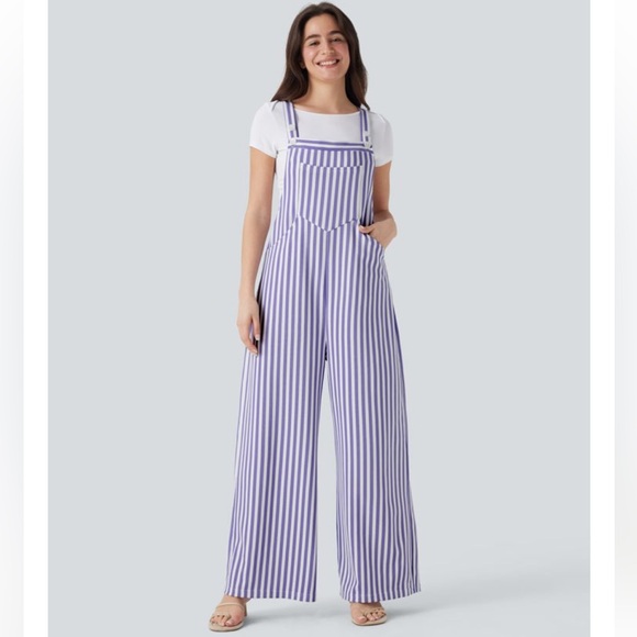 HALARA Pants - HALARA Pockets Stripe Waffle Overalls in Lilac Stripe Size Large